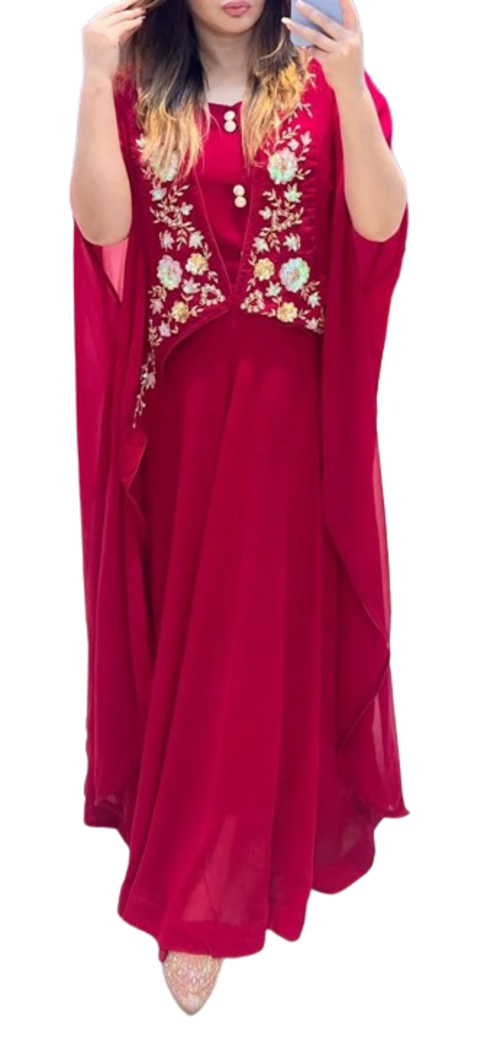 Women'sDesigner Handwork Gown With Shrug(ColorRani)(Size46)