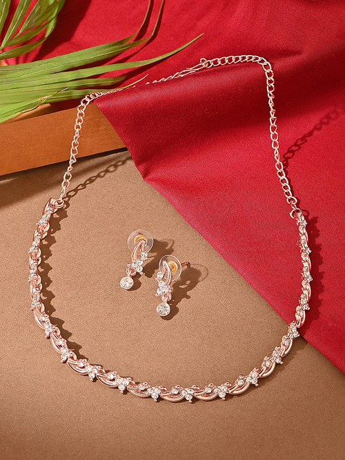 Luxurious Rose Gold American Diamond Floral Party Jewellery Set Women
