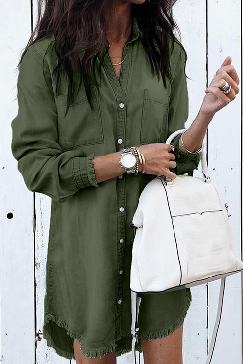 Green Denim Long Sleeve Shirt Dress