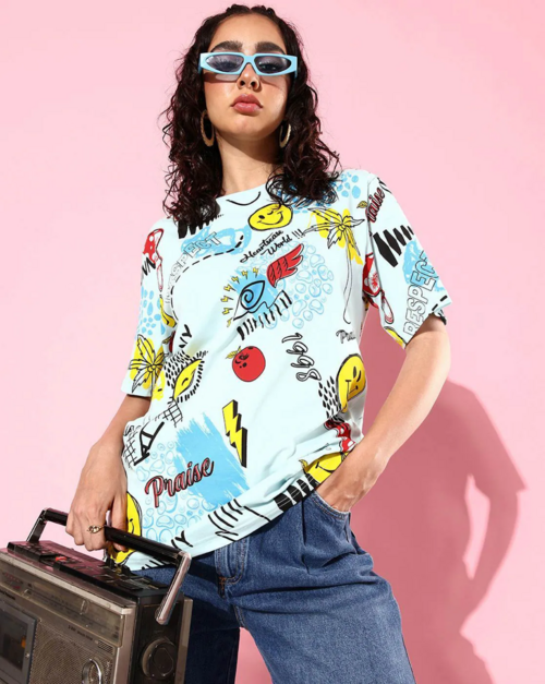 Graphic Print T-Shirt with Crew-Neck (SIZE-L) (COLOR-WHITE)