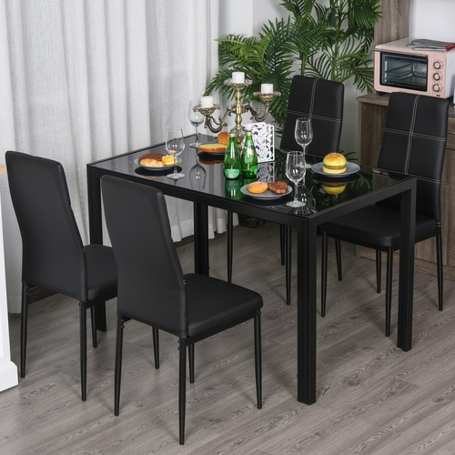 HOMCOM 5-Piece Kitchen Dining Set Glass Top Table 4 PU Leather Chairs