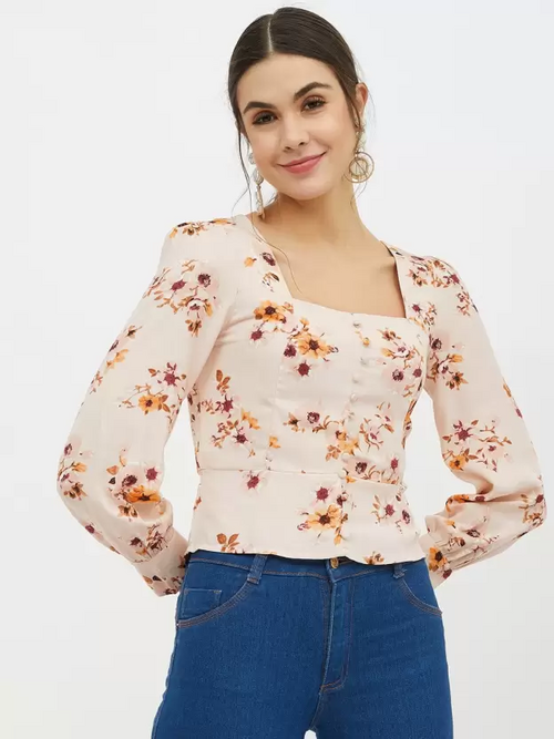 Casual Regular Sleeves Printed Women Peach Top (Size M)