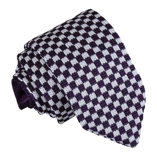 Check Knitted Slim Tie - White & Purple