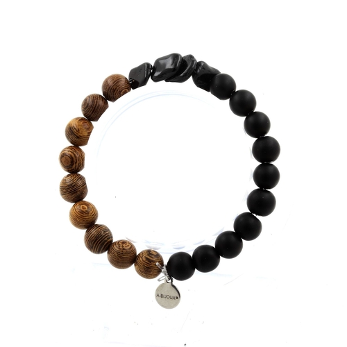 Schorl Tourmaline + Matte black Onyx + wood Bracelet 8 mm Beads.