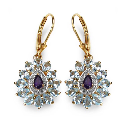 14K Yellow Gold Plated 4.92 Carat Genuine Amethyst, Blue Topaz & White