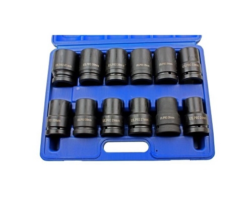 US Pro 12 Pc 1" Drive Single Hex Deep Impact Socket Set