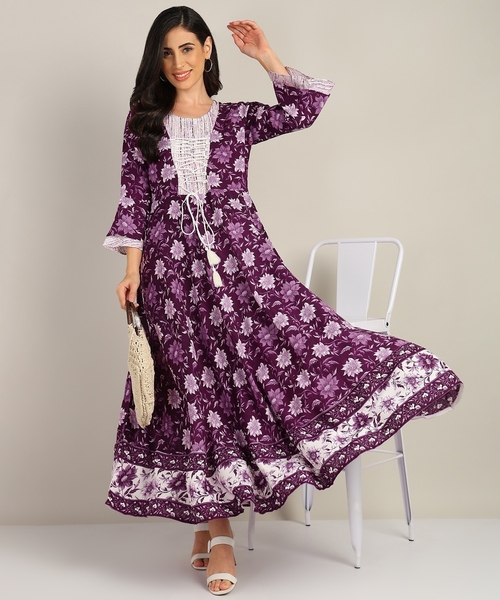 Women Printed Cotton Flared Kurta  SIZE-S COLOR-PURPLE