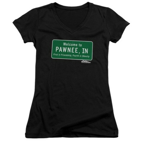 Trevco Parks And Rec-Pawnee Sign Junior V-Neck Tee, Black - Small