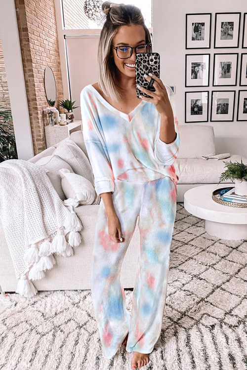 Deep V-neck Dropped Shoulder Tie-dye Lounge Set