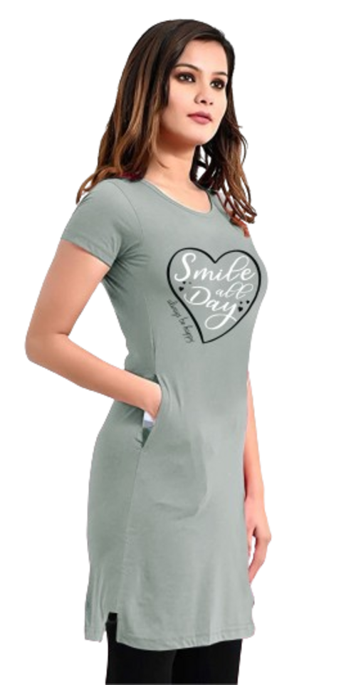 Women's Grey Long Round Neck Tshirt with Two Size Cut Size M