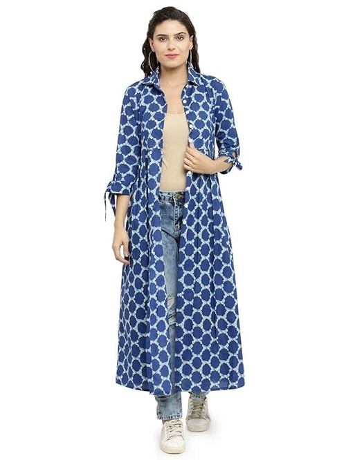 Cotton Printed Long Cape (Size-M) (COLOR-BLUE)
