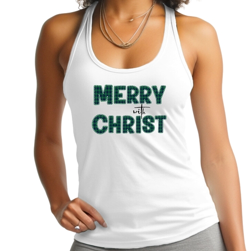 Womens Fitness Tank Top Graphic T-shirt - Merry with Christ - Green
