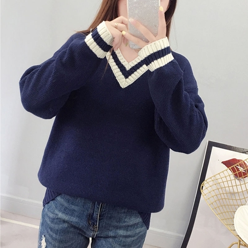 Winter Knitted Women Solid V Neck Sweet Sweaters