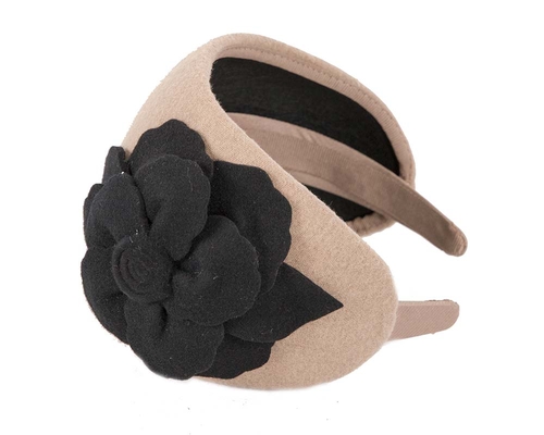 Wide beige & black winter headband with flower