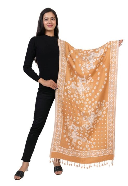 Multi Flower Printed Dark Camel Viscose Stole For Women.