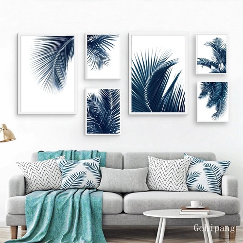 Navy Blue Palm Leaves Wall Art Canvas Painting