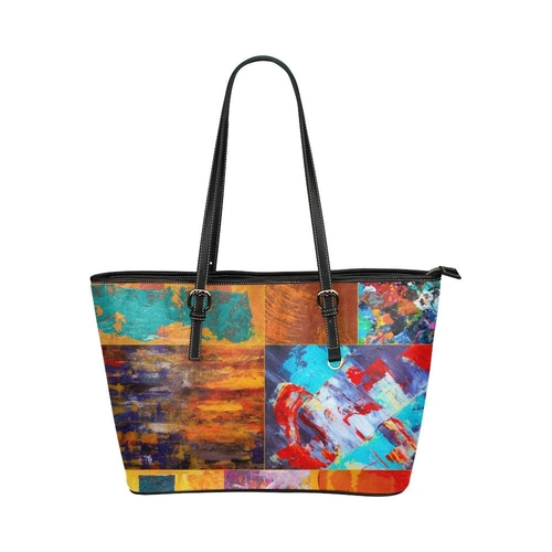 Large Leather Tote Shoulder Bag - Abstract Mixed Color Print