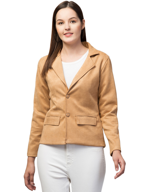 Women Classic Essential Linen Lapel Suede Jacket (Color Tan) (Size M)