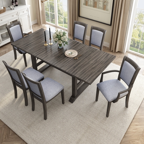 7-Piece Updated 76.9inch Extendable Trestle Dining Table Set with