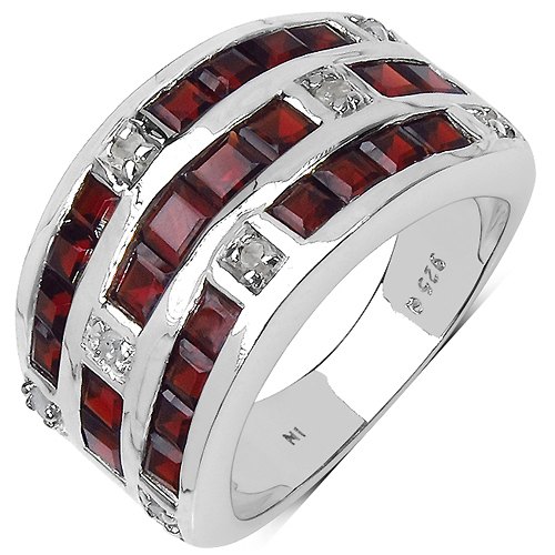 3.48 Carat Genuine Garnet & White Diamond .925 Sterling Silver Ring