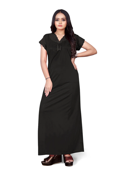 women black solid lace work nighty