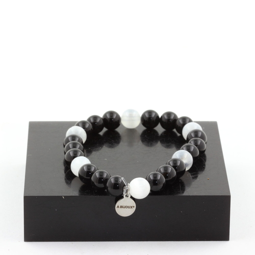 Selenite from Morocco + Black Agate Bracelet 8 mm Beads.