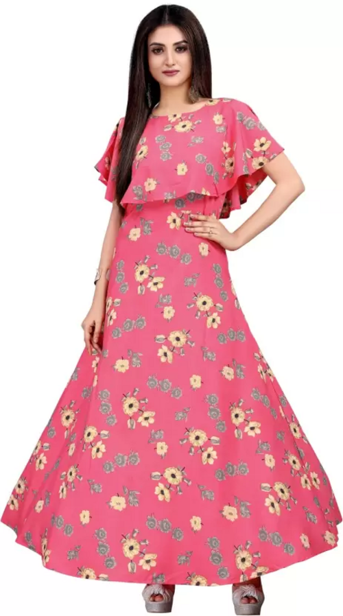 Women's Printed Crepe Stitched Anarkali Gown (Pink) (Size L)