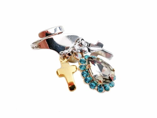 Light blu rhinestones statement ring with silver plated brass, antique