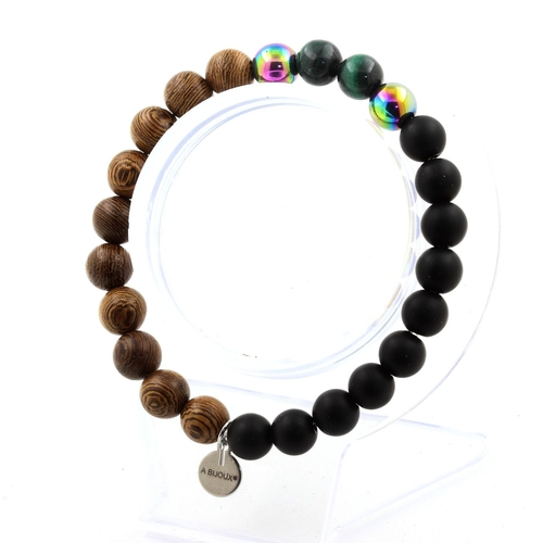 Malachite + multicolor Hematite + Matte Black Onyx + Wood Bracelet