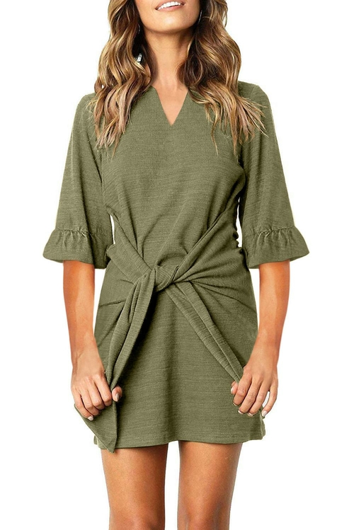 Green V Neck Ruffled Sleeves Waist Tie Mini Dress