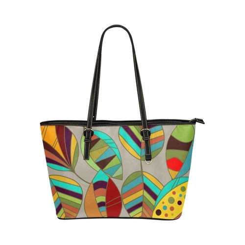 Large Leather Tote Shoulder Bag - Floral Multicolor Illustration