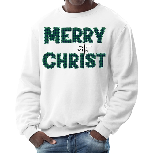 Mens Graphic Sweatshirt - Merry with Christ - Green Plaid Christmas