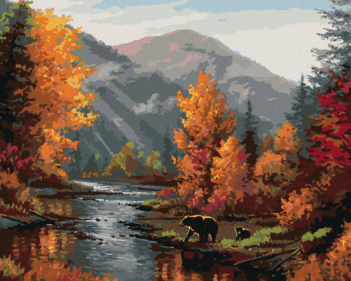 Paint by Numbers - BEAR BY THE RIVER, MOUNTAINS AND AUTUMN TREES
