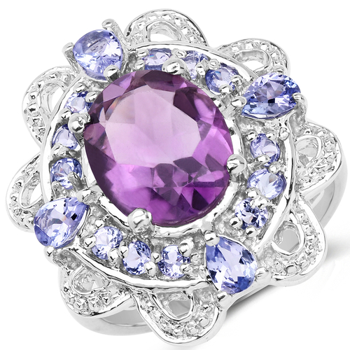 3.13 Carat Genuine Amethyst and Tanzanite .925 Sterling Silver Ring