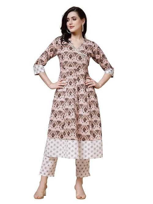 Cotton Brown White Floral print A-Line Kurta with Trouser (Size-M)