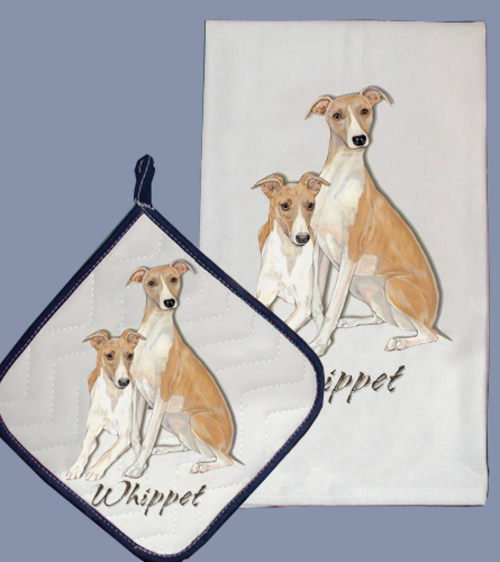 Pipsqueak Productions DP885 Dish Towel and Pot Holder Set - Whippet