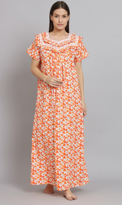 Women Floral Printed Pure Cotton Maxi Nightdress Orange (Size XL)