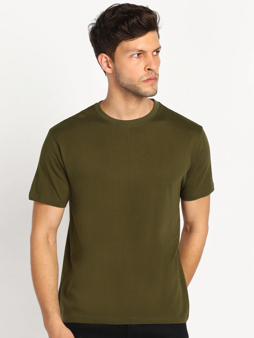 Men Solid Half Sleeves Round Neck Cotton Olive Green T-Shirt (Size M)