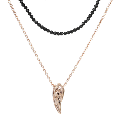 Black Spinel Beaded Rose Gold Plated  wing double chain necklace