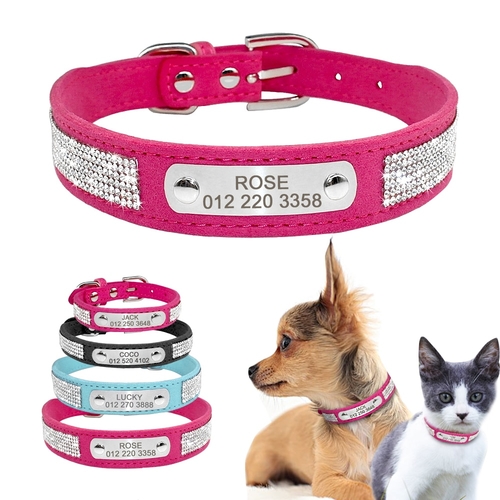 Suede Leather Dog Collar Rhinestone Dogs Cat