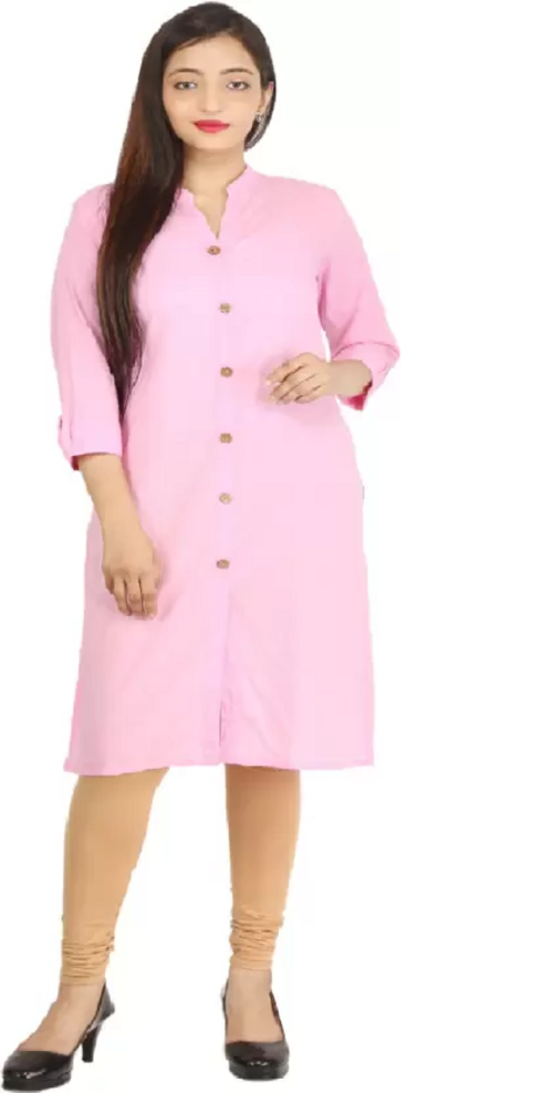 Women Solid Cotton Silk Straight Kurta  (Pink) Size M