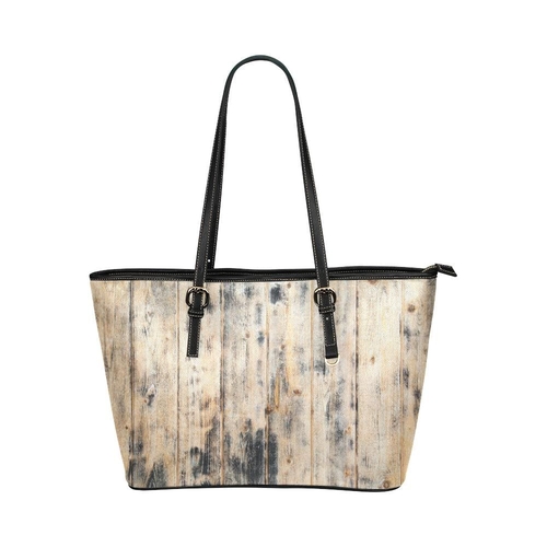 Large Leather Tote Shoulder Bag - Beige Distressed Wood Illustration