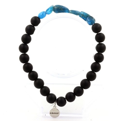 Blue Apatite from Brazil + Matte Black Onyx Bracelet 8 mm Beads.