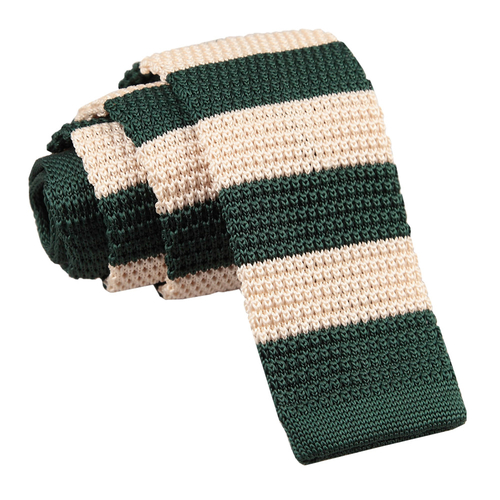 Knitted Striped Skinny Tie - Green & Cream