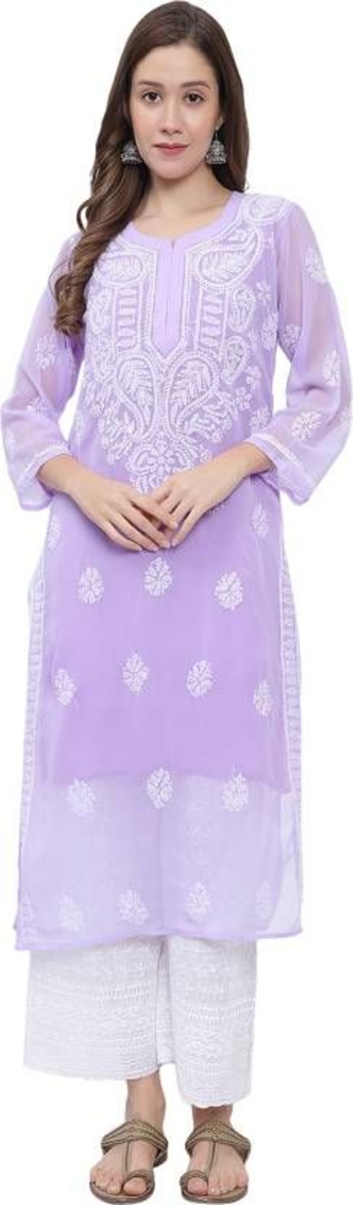 Women Chikan Embroidery Below knee length Georgette A-line Kurta
