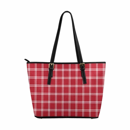 Large Leather Tote Shoulder Bag - Buffalo Plaid Red and White