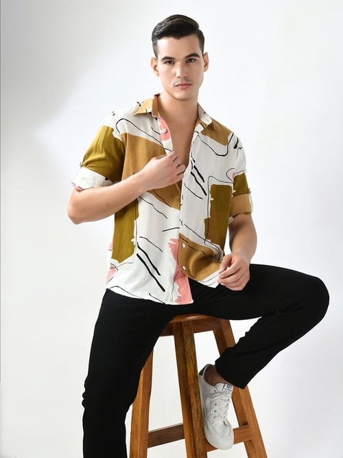 Abstract Printed Full Sleeves Casual Shirt-beige&white (Size-XL)