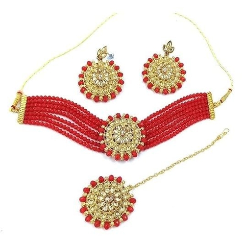 Red multi strand pearl kundan Choker necklace set with earrings and