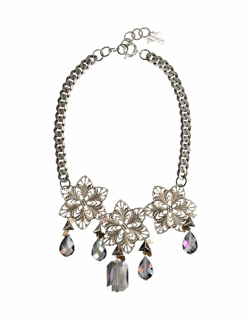 Silver bib necklace with crystals and beads