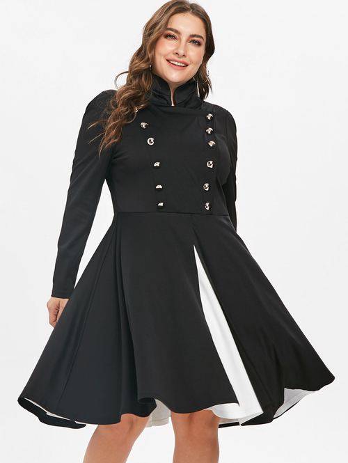  Plus Size Double Breasted Stand Collar Long